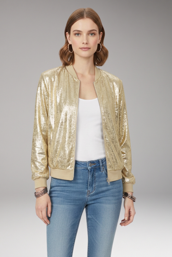 Women's Bomber Jacket with Zipper and Glitter Appliqus
