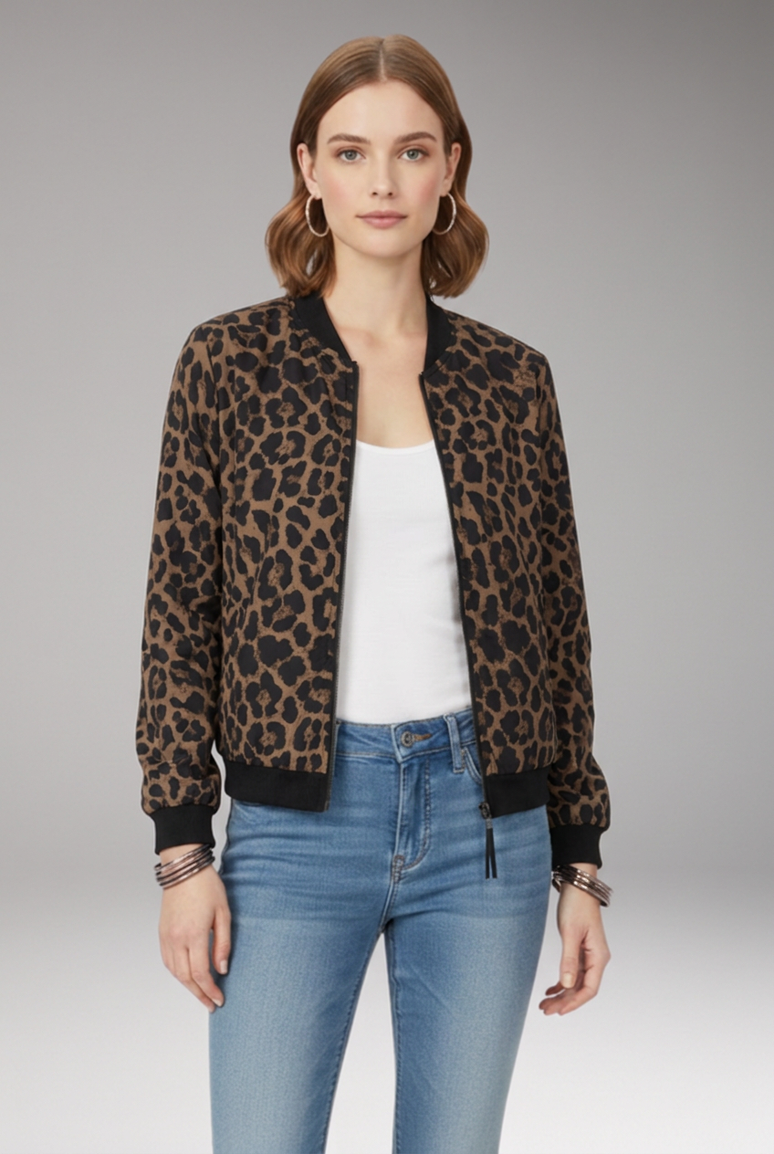 Women's Bomber Jacket with Zipper and Glitter Appliqus