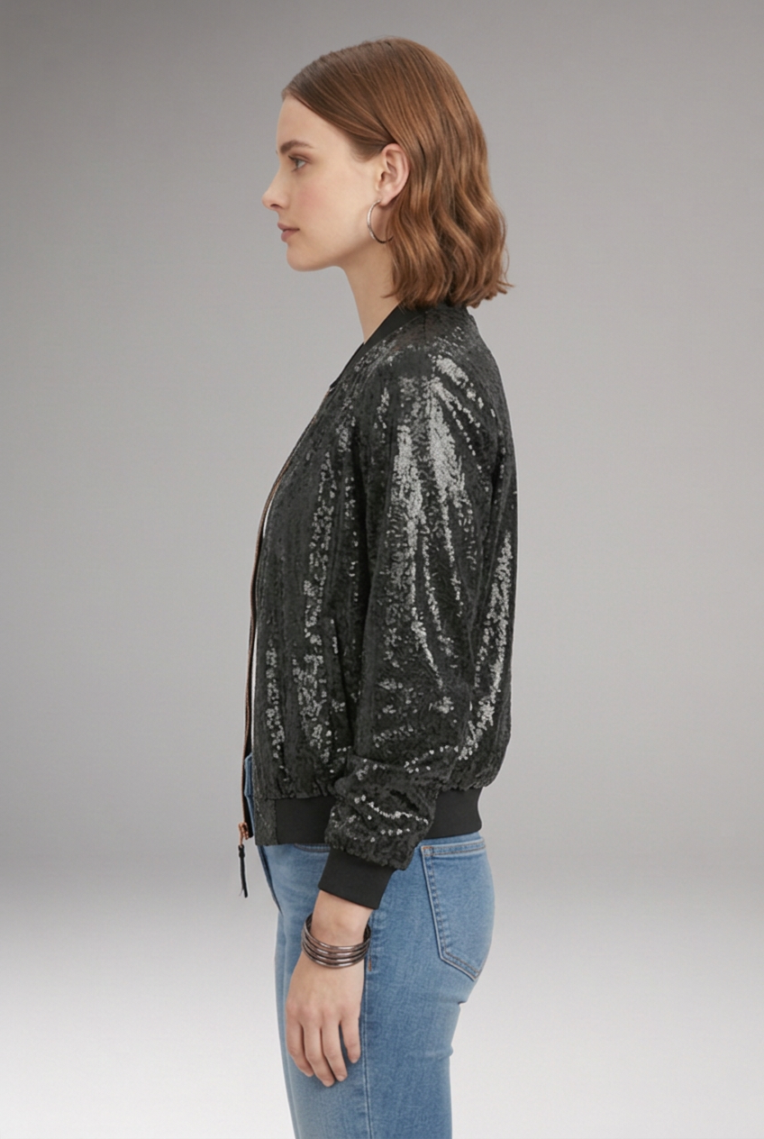 Women's Bomber Jacket with Zipper and Glitter Appliqus