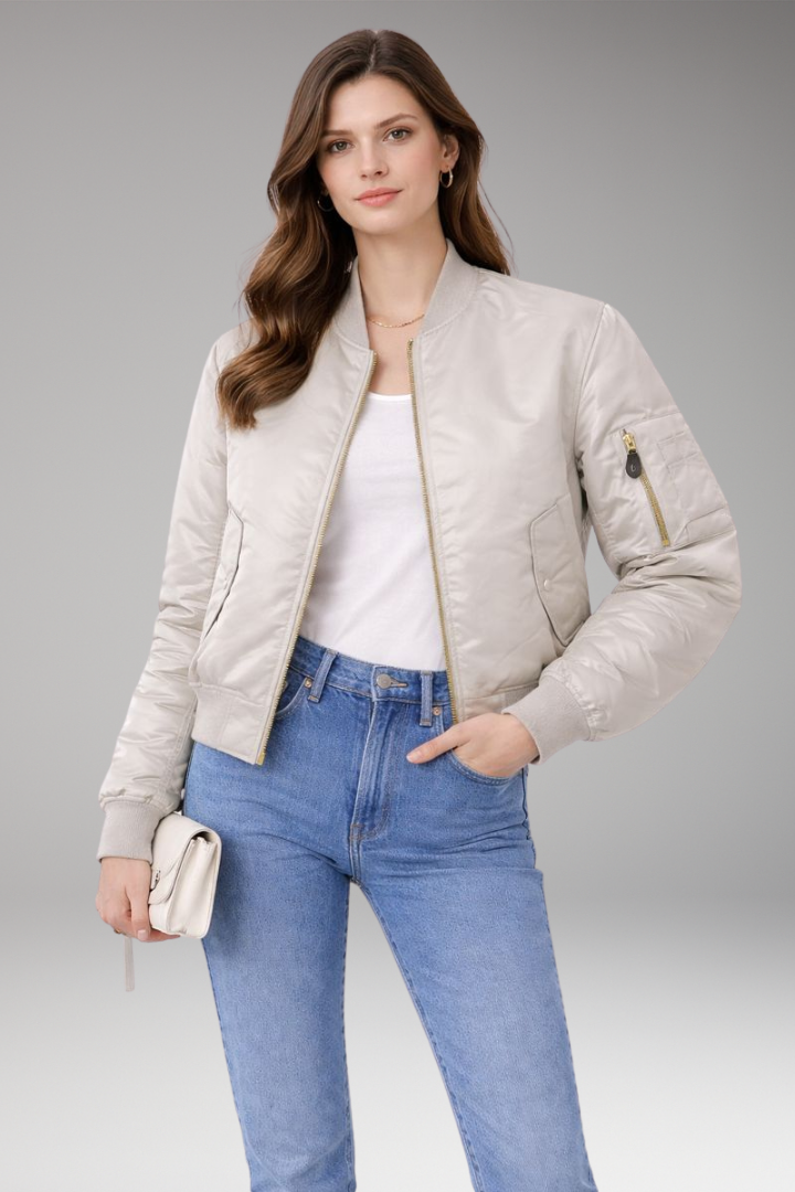Women's Bomber Jacket with Zipper and Ribbed Details