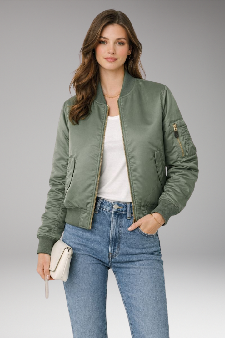 Women's Bomber Jacket with Zipper and Ribbed Details