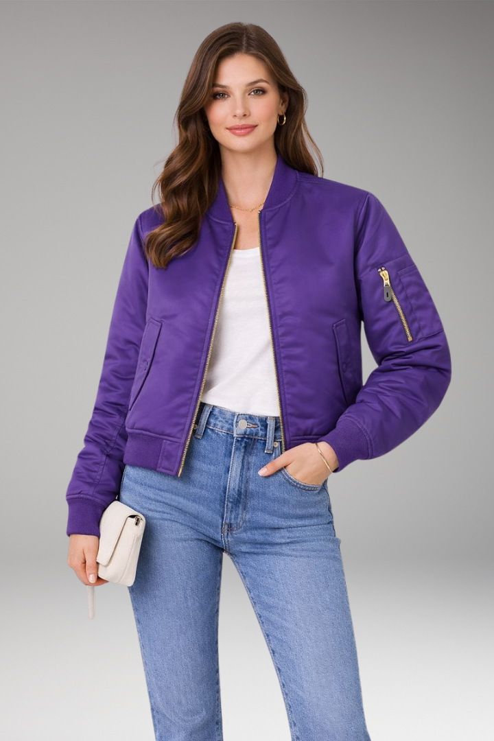 Women's Bomber Jacket with Zipper and Ribbed Details