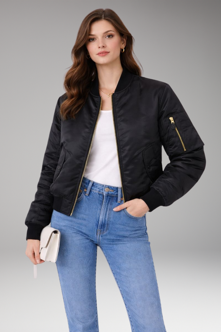 Women's Bomber Jacket with Zipper and Ribbed Details