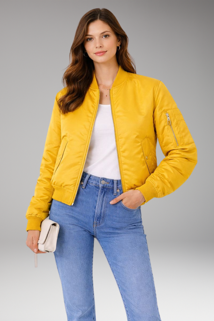 Women's Bomber Jacket with Zipper and Ribbed Details