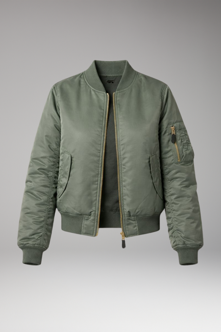Women's Bomber Jacket with Zipper and Ribbed Details