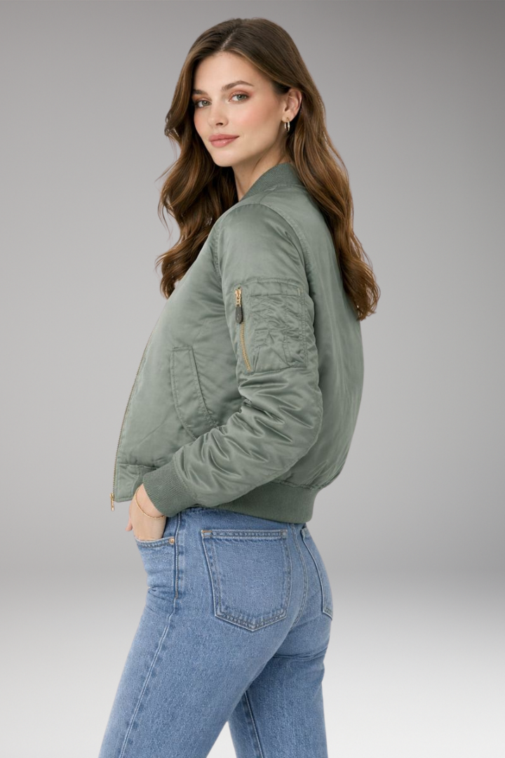 Women's Bomber Jacket with Zipper and Ribbed Details