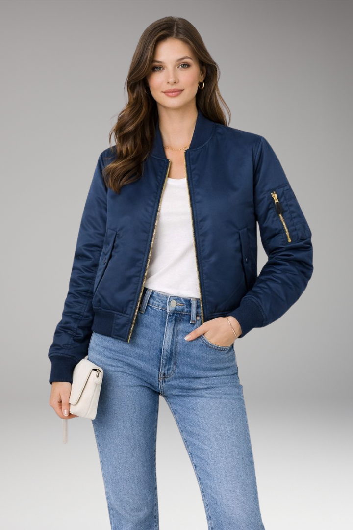 Women's Bomber Jacket with Zipper and Ribbed Details