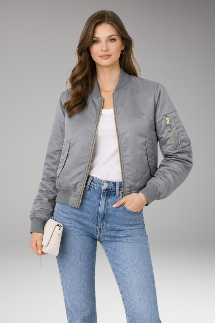 Women's Bomber Jacket with Zipper and Ribbed Details