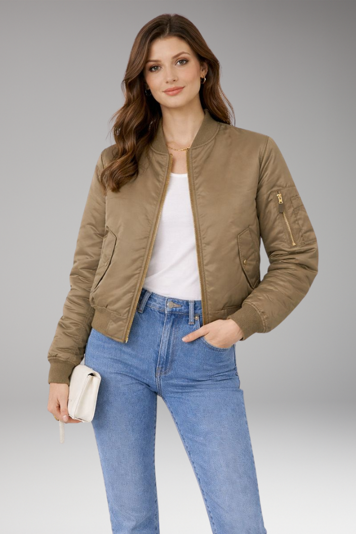 Women's Bomber Jacket with Zipper and Ribbed Details