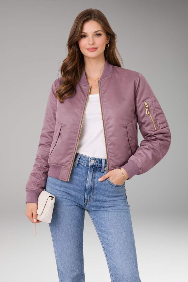 Women's Bomber Jacket with Zipper and Ribbed Details