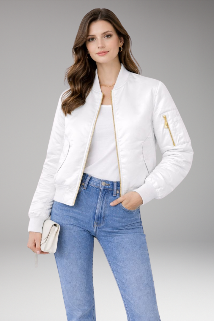Women's Bomber Jacket with Zipper and Ribbed Details
