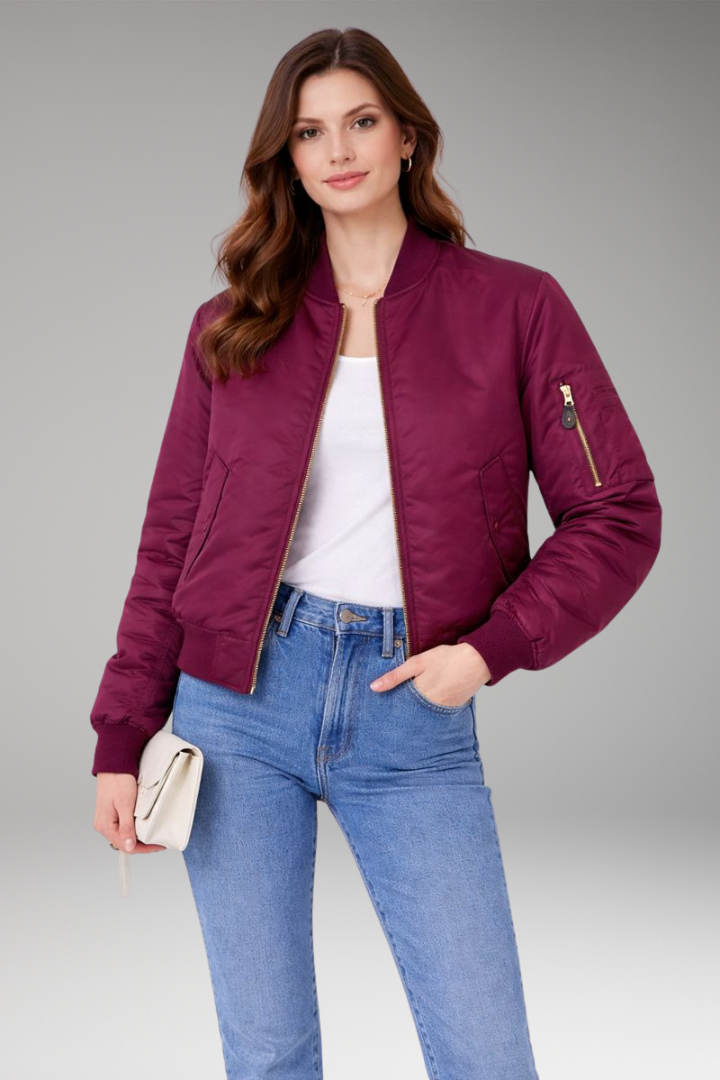 Women's Bomber Jacket with Zipper and Ribbed Details