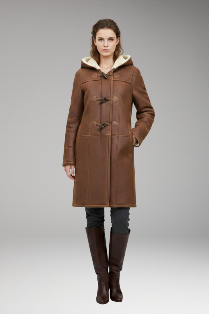 Women's Coat with Fixed Hood and Toggle Closure