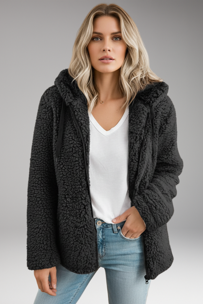 Women's Coat with Hood and Textured Surface