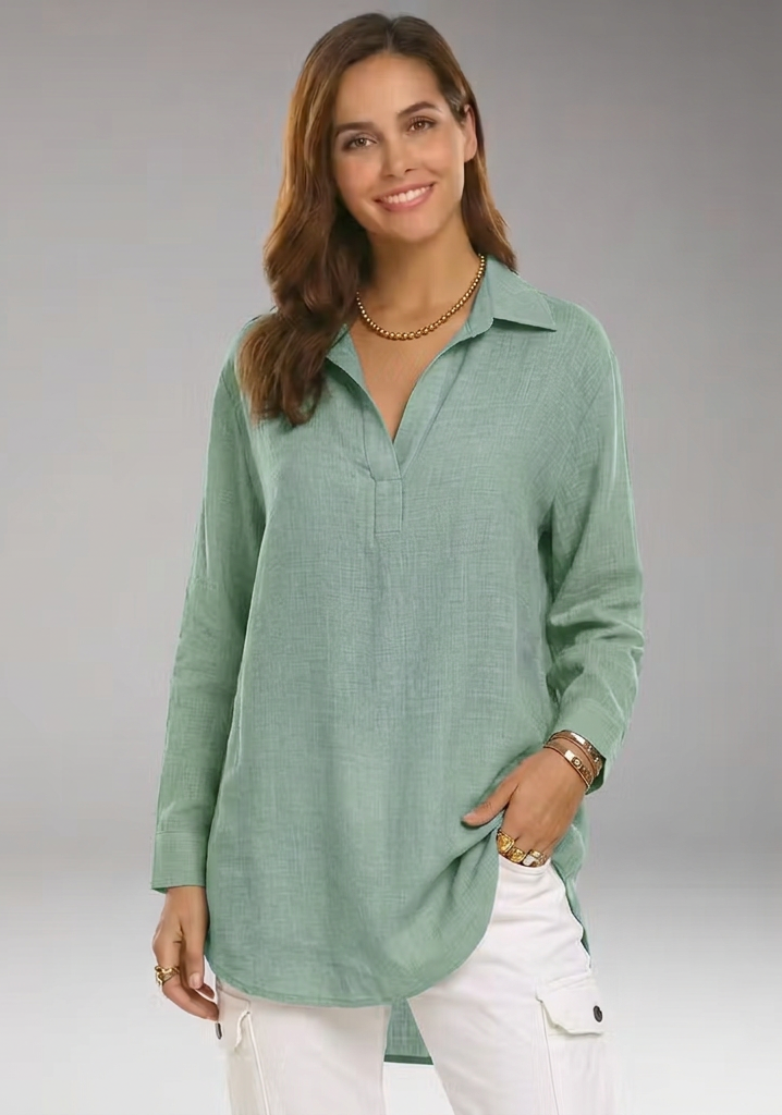 Women’s Collared Split-Neck Roll-Tab Sleeve Tunic Top