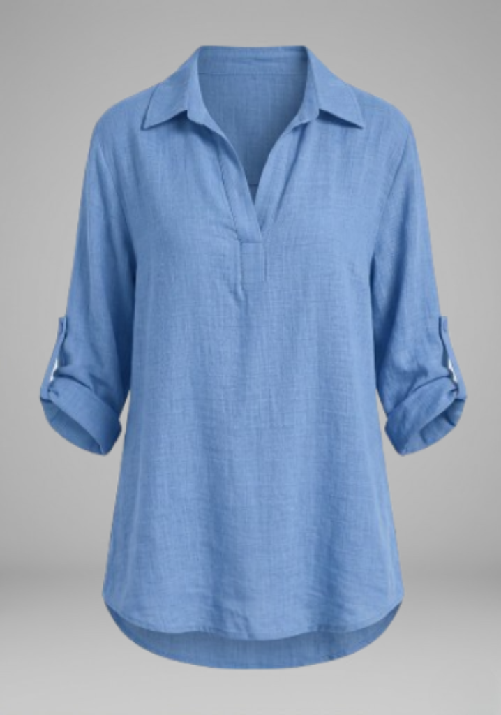 Women’s Collared Split-Neck Roll-Tab Sleeve Tunic Top