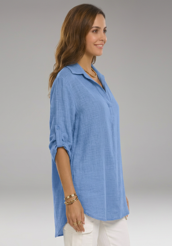 Women’s Collared Split-Neck Roll-Tab Sleeve Tunic Top