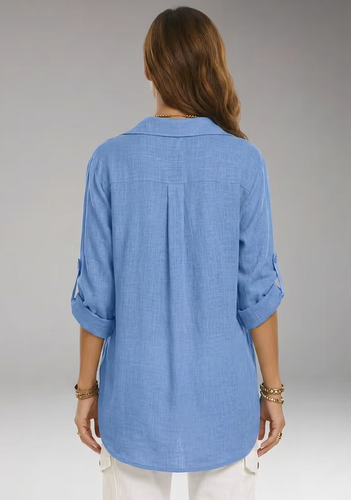 Women’s Collared Split-Neck Roll-Tab Sleeve Tunic Top