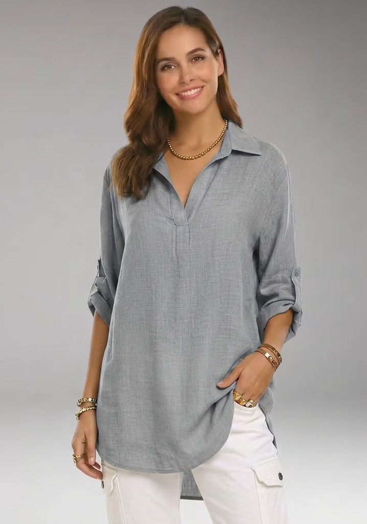 Women’s Collared Split-Neck Roll-Tab Sleeve Tunic Top