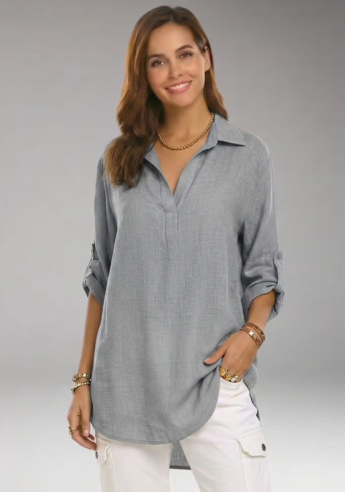 Women’s Collared Split-Neck Roll-Tab Sleeve Tunic Top