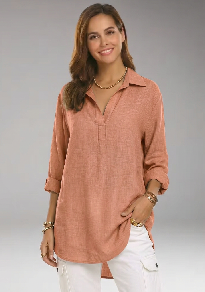 Women’s Collared Split-Neck Roll-Tab Sleeve Tunic Top