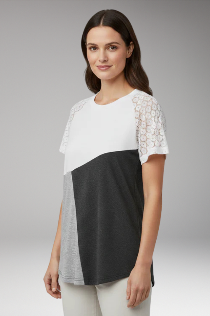Women's Color Block T Shirt with Lace Sleeves