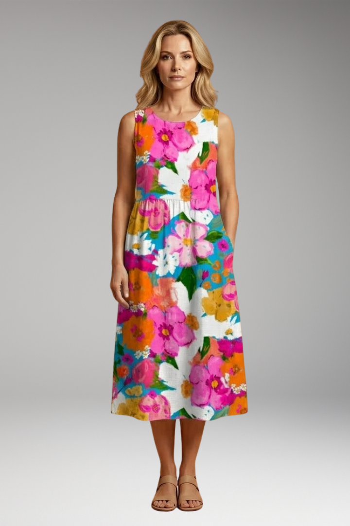 Women's Colorful Art Maxi Dress with Floral Print and Relaxed Fit