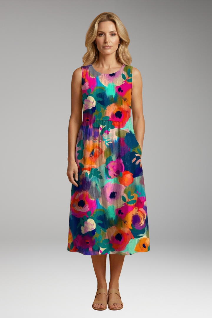 Women's Colorful Art Maxi Dress with Floral Print and Relaxed Fit