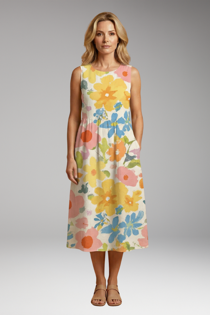 Women's Colorful Art Maxi Dress with Floral Print and Relaxed Fit