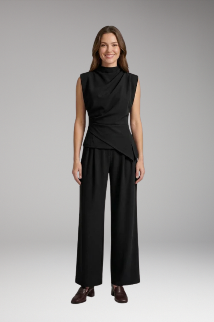 Women's Cozy Two-Piece Set with Draped Top and High-Waisted Pants