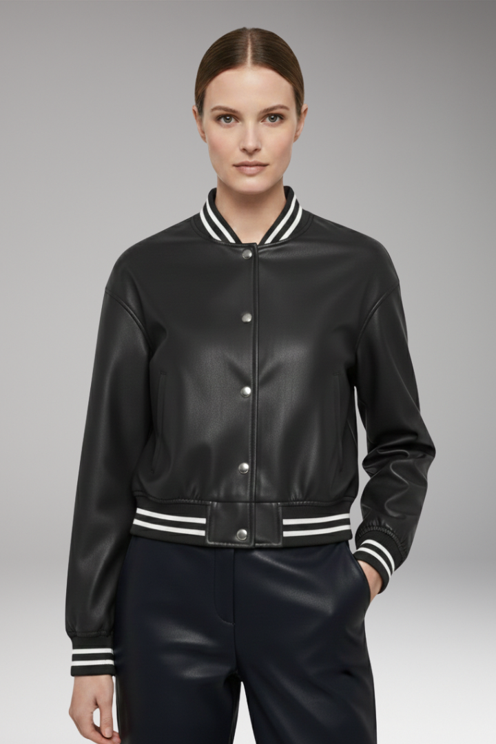 Women's Cropped Bomber Jacket with Snap Button Closure and Ribbed Cuffs