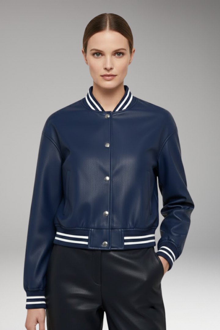 Women's Cropped Bomber Jacket with Snap Button Closure and Ribbed Cuffs