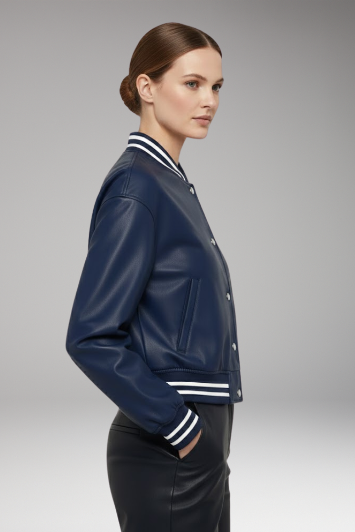 Women's Cropped Bomber Jacket with Snap Button Closure and Ribbed Cuffs