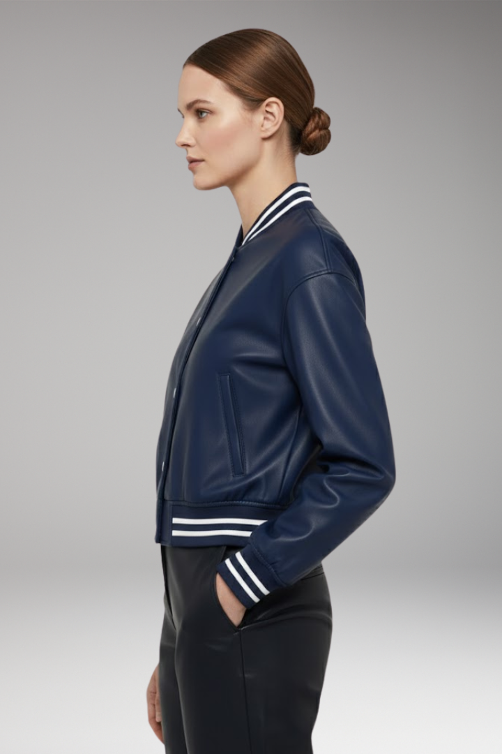 Women's Cropped Bomber Jacket with Snap Button Closure and Ribbed Cuffs