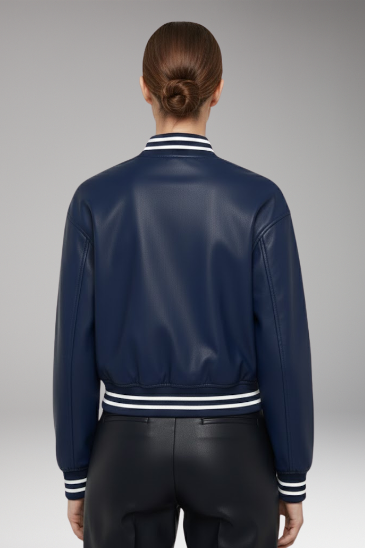 Women's Cropped Bomber Jacket with Snap Button Closure and Ribbed Cuffs
