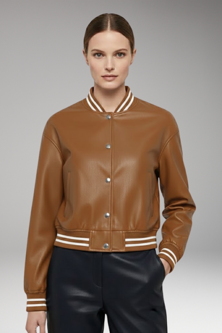 Women's Cropped Bomber Jacket with Snap Button Closure and Ribbed Cuffs