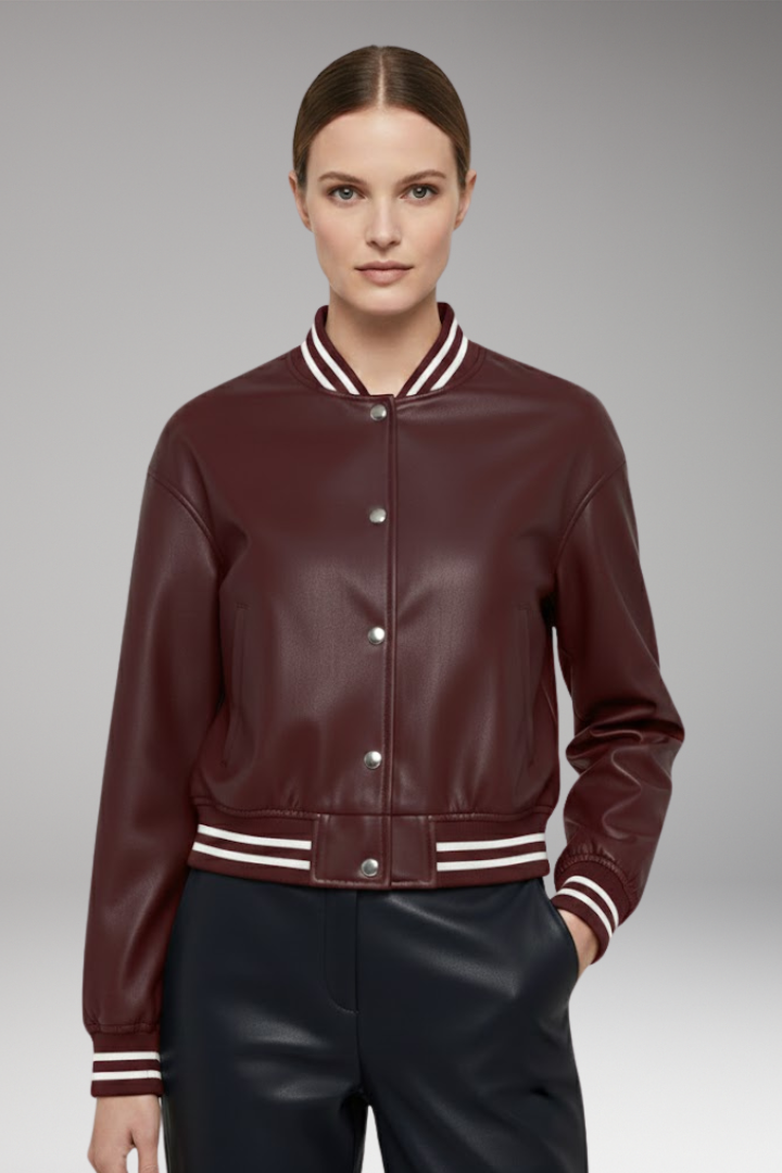 Women's Cropped Bomber Jacket with Snap Button Closure and Ribbed Cuffs