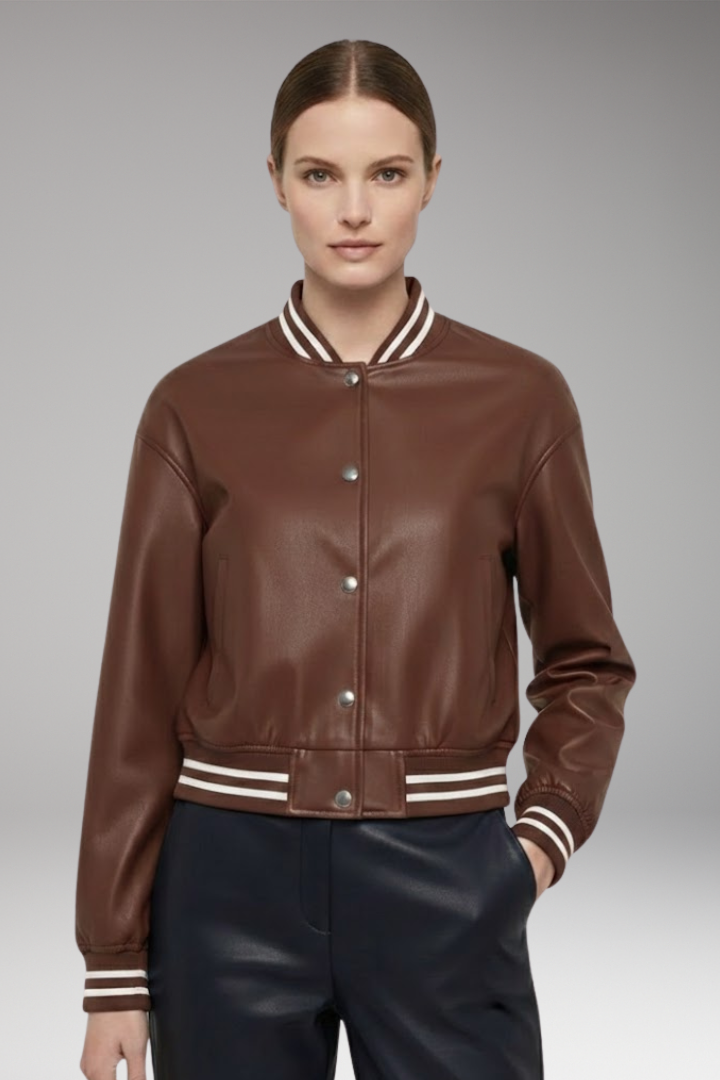 Women's Cropped Bomber Jacket with Snap Button Closure and Ribbed Cuffs