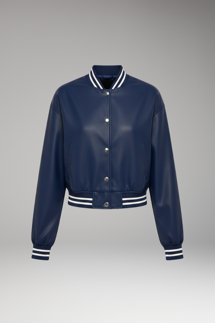 Women's Cropped Bomber Jacket with Snap Button Closure and Ribbed Cuffs