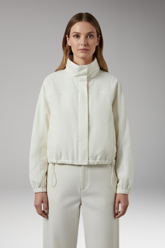 Women's Cropped Bomber Windbreaker with Stand-Up Collar and Elasticated Hem