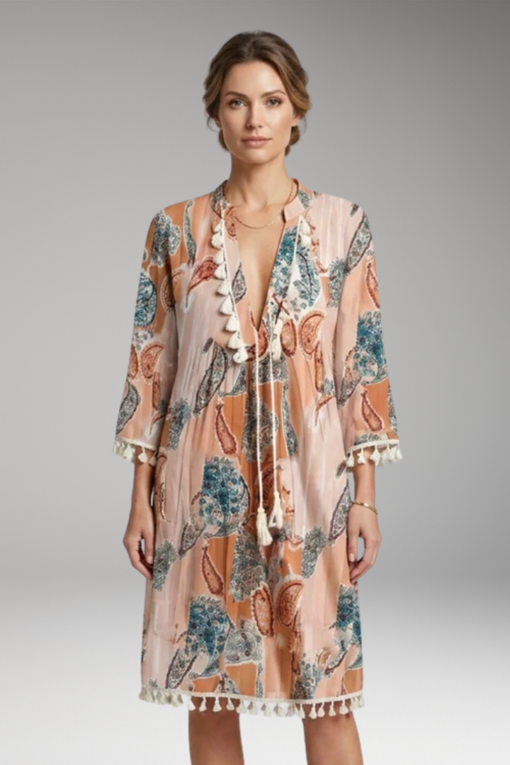 Women's Dress with High Collar and Tie Waist