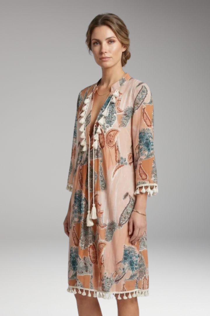 Women's Dress with High Collar and Tie Waist