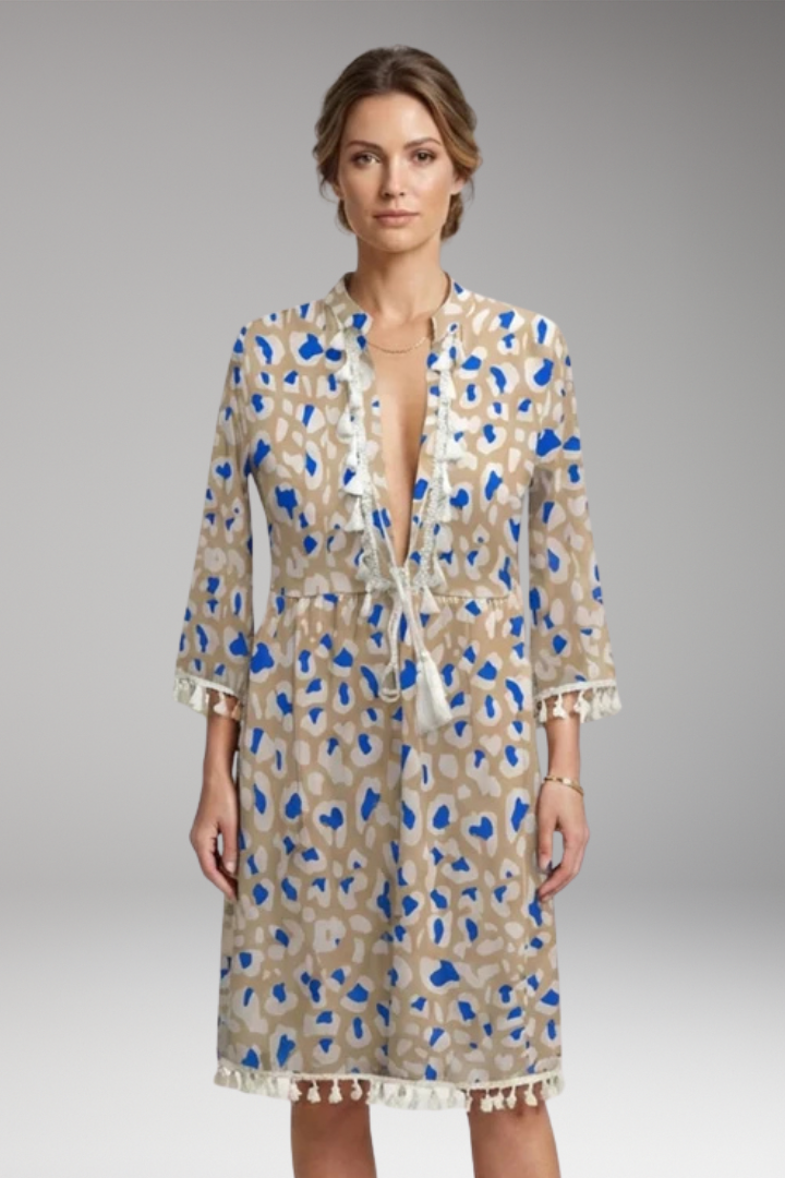 Women's Dress with High Collar and Tie Waist