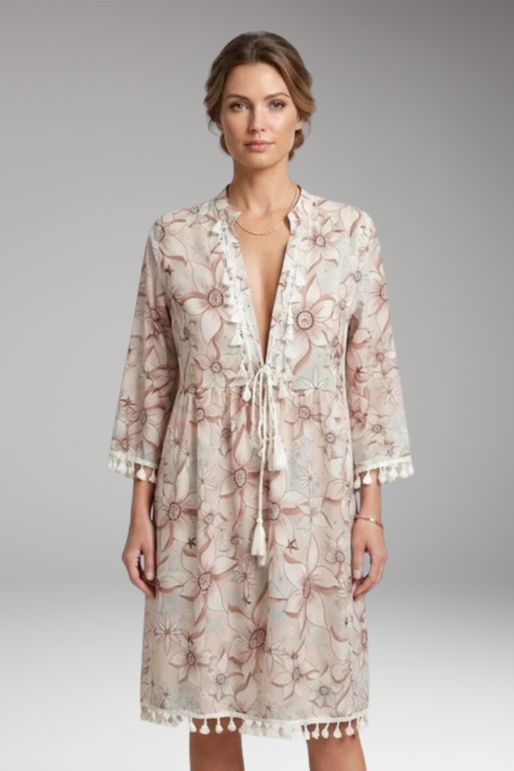 Women's Dress with High Collar and Tie Waist