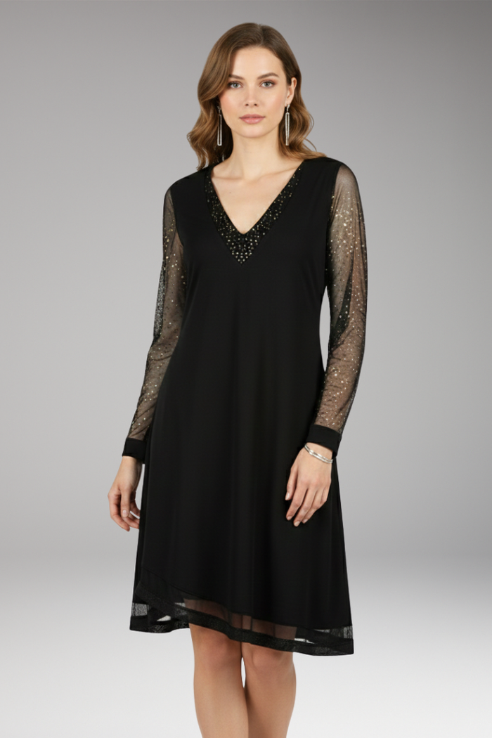 Women's Dress with Plunging Neckline and Sequined Sleeves