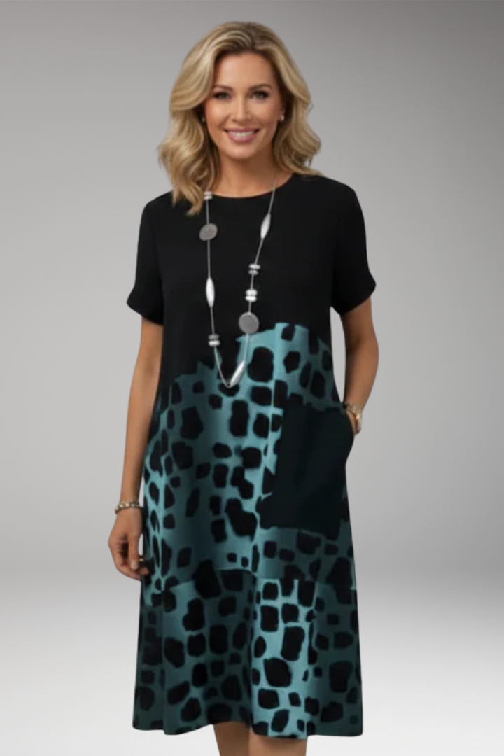 Women's Dress with Short Sleeves and Patterned Panels