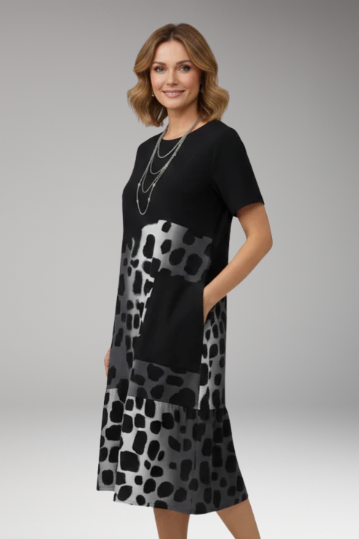 Women's Dress with Short Sleeves and Patterned Panels