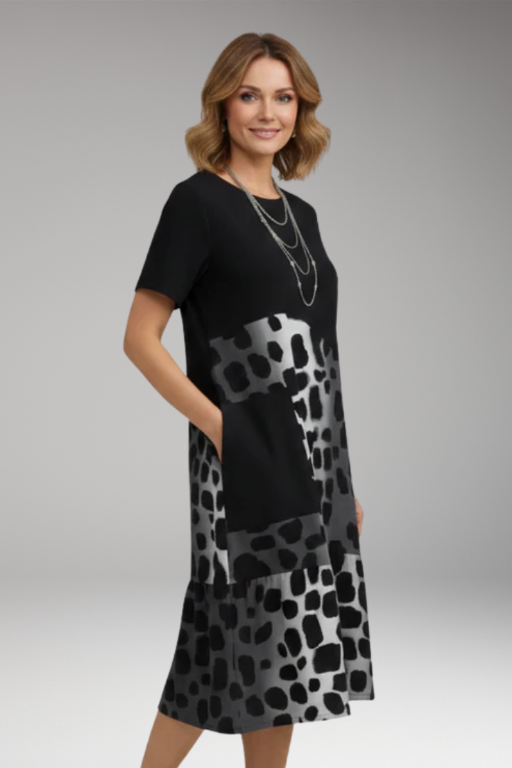 Women's Dress with Short Sleeves and Patterned Panels