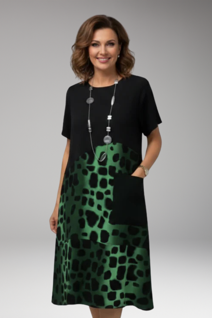 Women's Dress with Short Sleeves and Patterned Panels