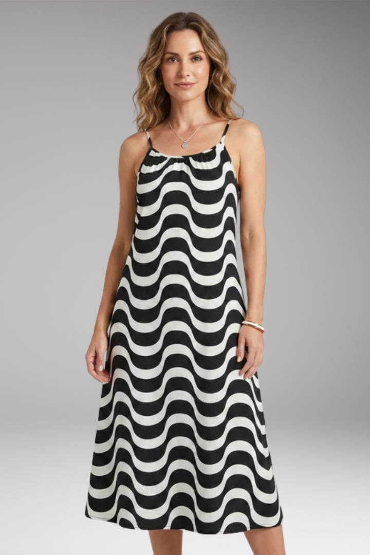 Women's Dress with Spaghetti Straps and Wavy Print